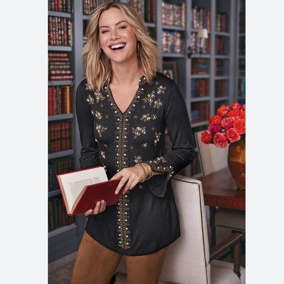 Soft Surroundings Fiesta Tunic Black Floral Embroidered Size 1X - Picture 2 of 10